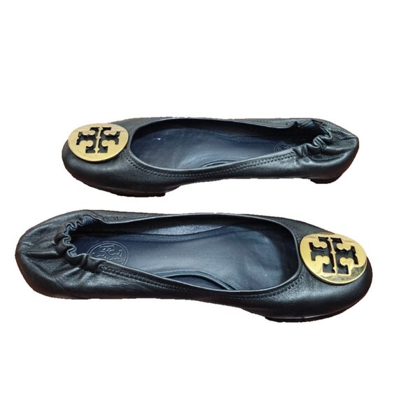 Tory Burch Minnie Travel Ballet Flats Black Leather Gold Logo Women’s Size 8 - Picture 7 of 11
